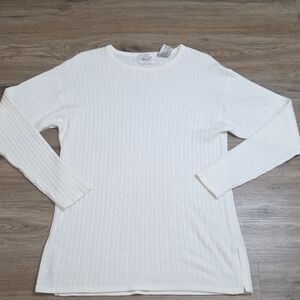 Kathie Lee Collection White Crew Neck Cable-Knit Sweater